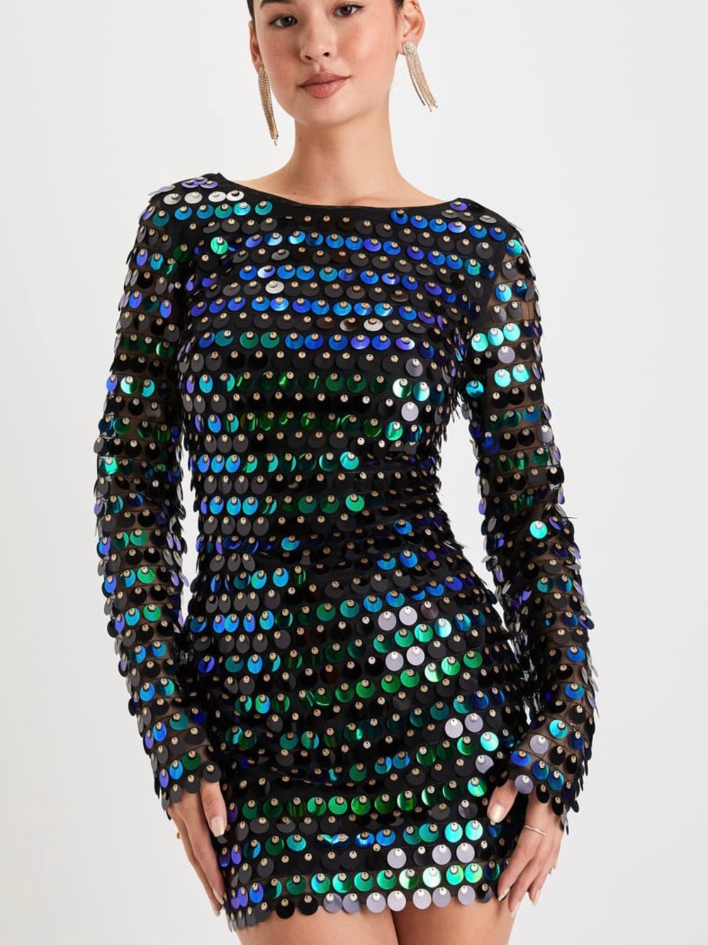 NWT Lulu's Exceptional Radiance Black Iridescent Sequin Backless Mini Dress